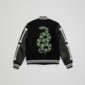 Rubail Black Wool & Leather Varsity Jacket with Embroidered Viper Snake and Bone Sleeves
